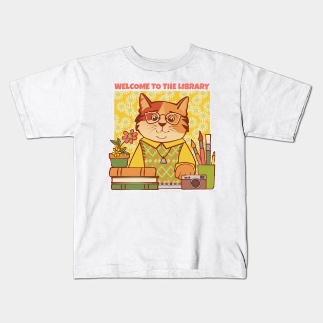 Library Welcome Librarian Cat Kids T-Shirt by Sue Cervenka